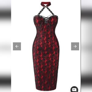 Red Skull-Print Halter Lace-Up Midi Dress
